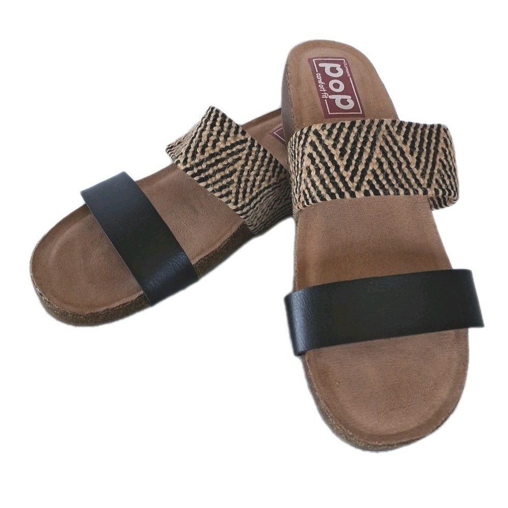 POP Comfort Fit Strappy Sandal Womens‎ Casual Tan Black Jute/ Cork Heel Size 8.5